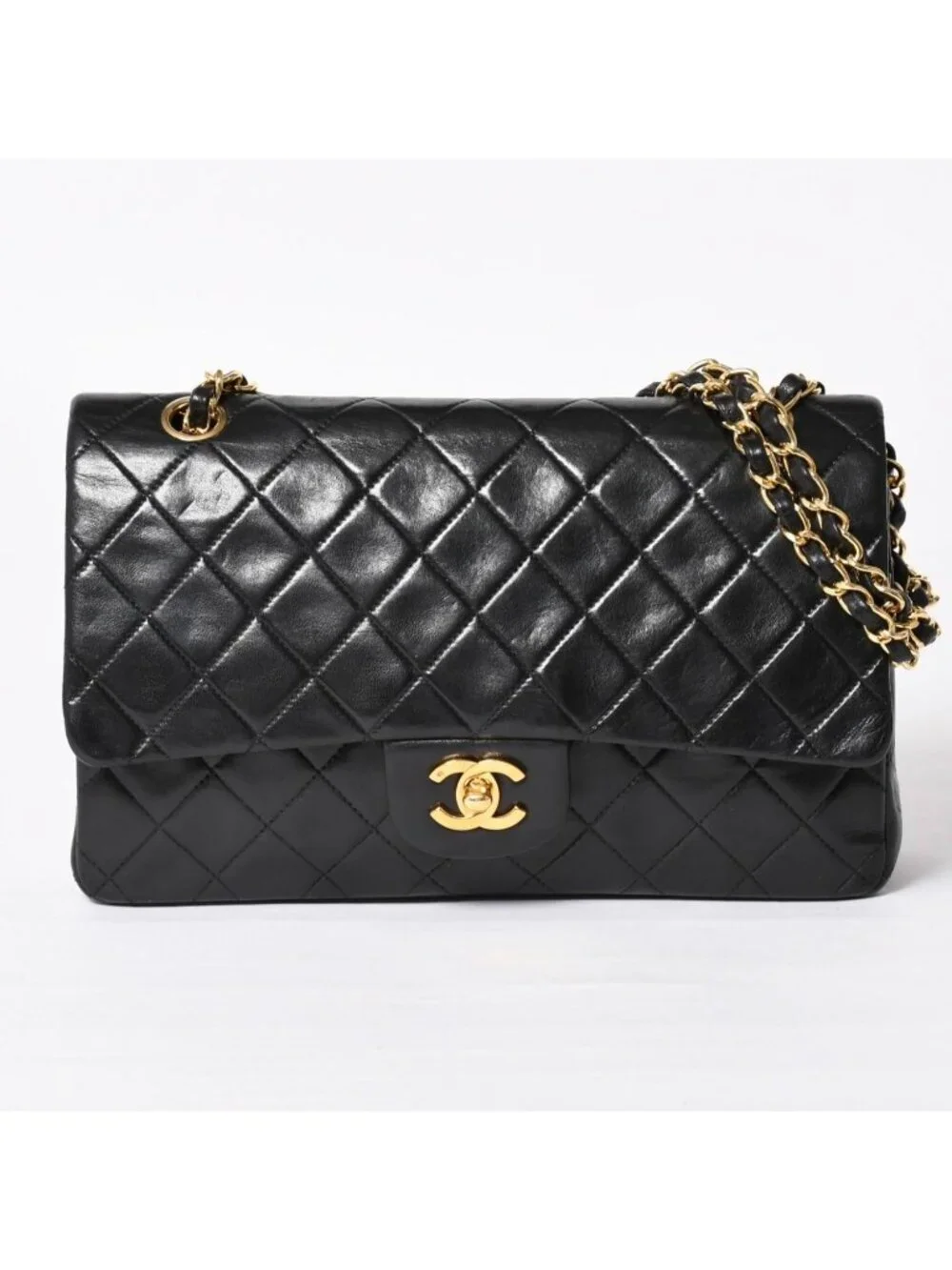 Chanel Quilted 25 Double Flap Chain Shoulder Bag CC Logo Lambskin Black Gold